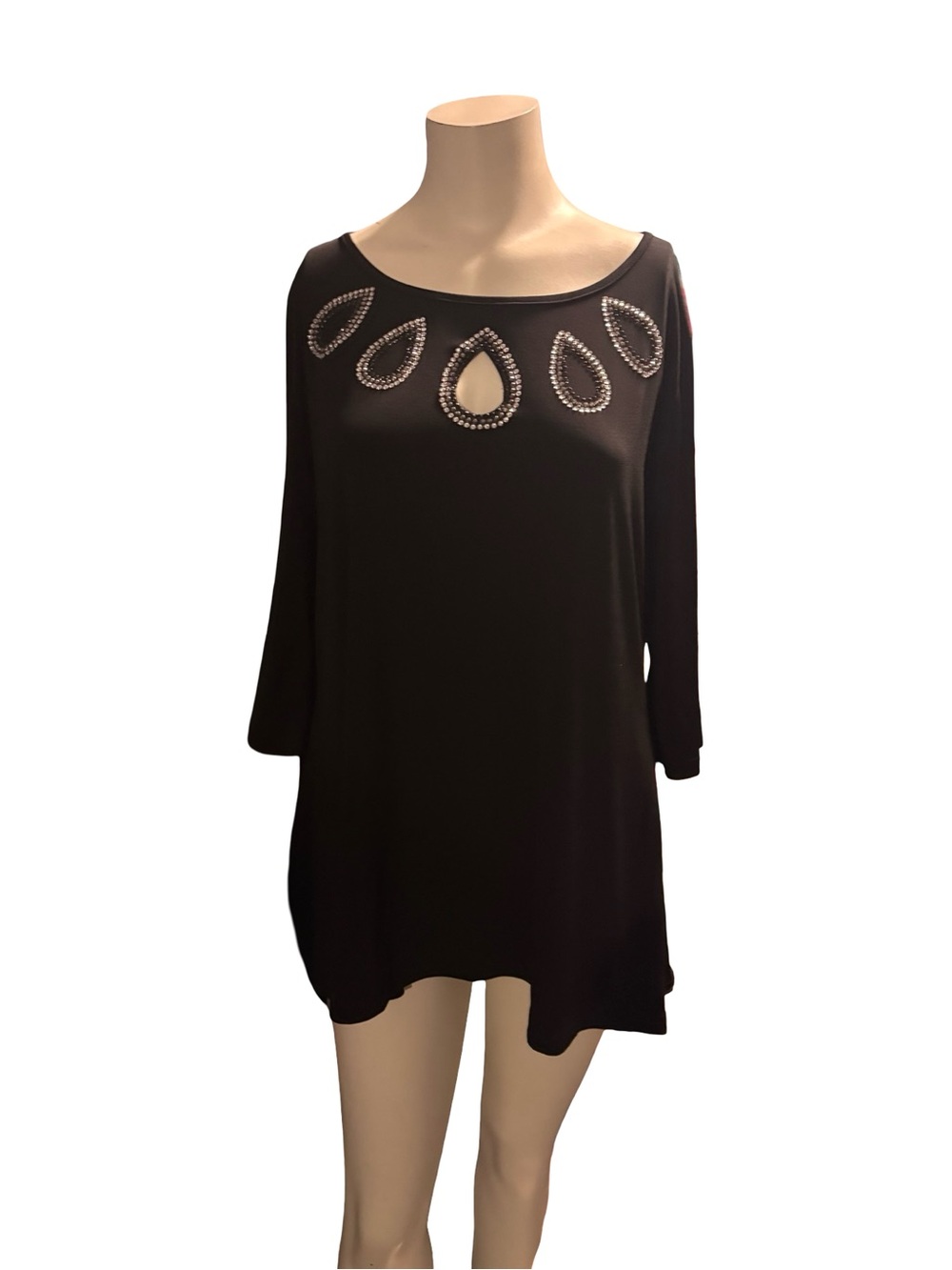 Lady Noiz Black Tunic with Teardrop Cutouts and Rhinestone Trim